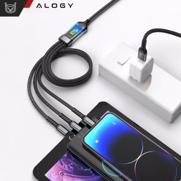 Kabel 120cm Alogy 3w1 Szybkie ładowanie Charging Cable 100W USB do USB-C + Micro + Lightning Czarny