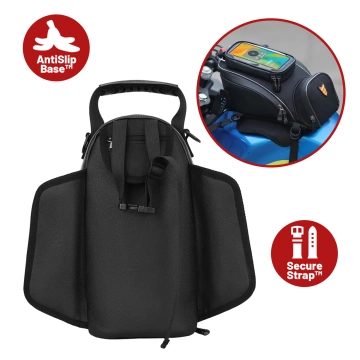 Motorradtasche mit abnehmbarer Handyhülle, wasserdichte Motorradtasche mit Fächern und Tankhalterung, geräumig und robust, MotoRider™ – Schwarz