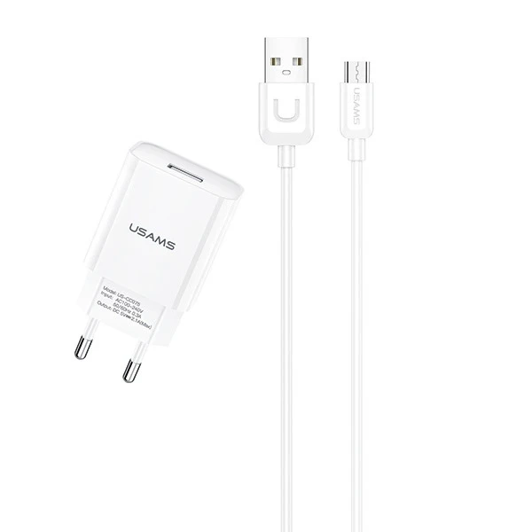 USAMS Ładowarka sieciowa 1x USB T21 micro USB biały/white 2,1A Fast Charging T21OCMC01