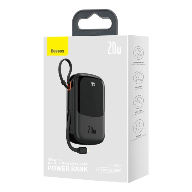 Powerbank z szybkim ładowaniem Baseus Qpow Digital Display 20000mAh 20W QC/PD/SCP/FCP z wbudowanym kablem Lightning czarny