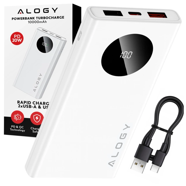 PowerBank 10000mAh z Technologią PD 120W, Szybkie Ładowanie PowerDelivery, Porty 2x USB-A i 1x USB-C, Wysoka Moc i Kompaktowy Design, Alogy TurboCharge™ – Biały