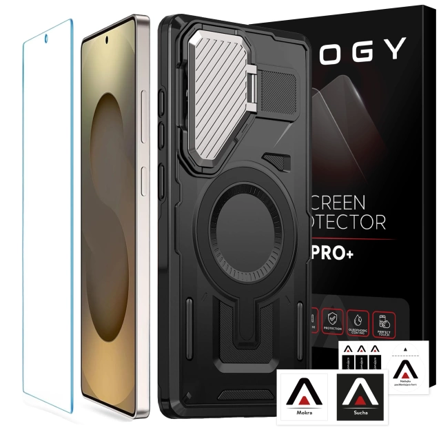 Etui do Samsung Galaxy S25 Ultra Case do MagSafe Wzmocniona Pancerna ochrona obiektywów z funkcją podstawki obudowa ochronna na telefon Alogy HeavyDuty Mag™️Czarne + SZKŁO HARTOWANE