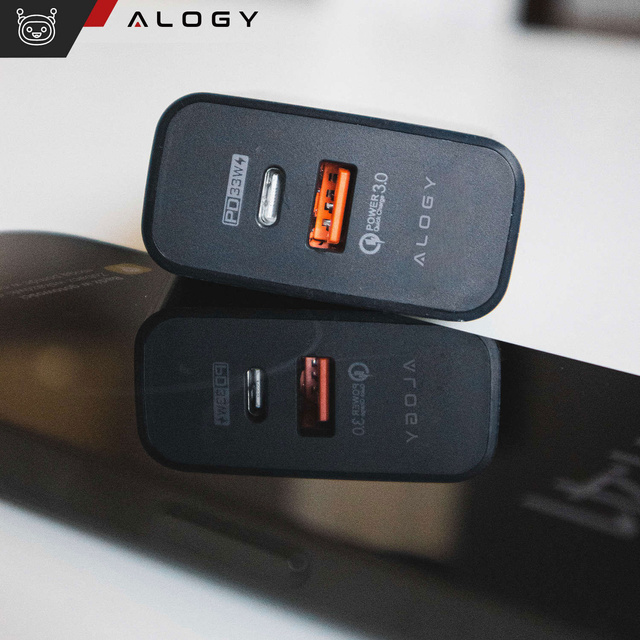Ładowarka sieciowa szybka USB-A QC 3.0 Quick Charge + USB-C PD 33W 65W Alogy czarna