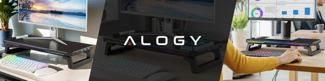 Podstawka pod monitor z lampką listwą świetlną RGB z wejściami HUB USB (3× USB-A, 1× USB-C) – biurkowa do Home Office, Gaming, poprawa ergonomii – Alogy MonitorStand™ Czarna