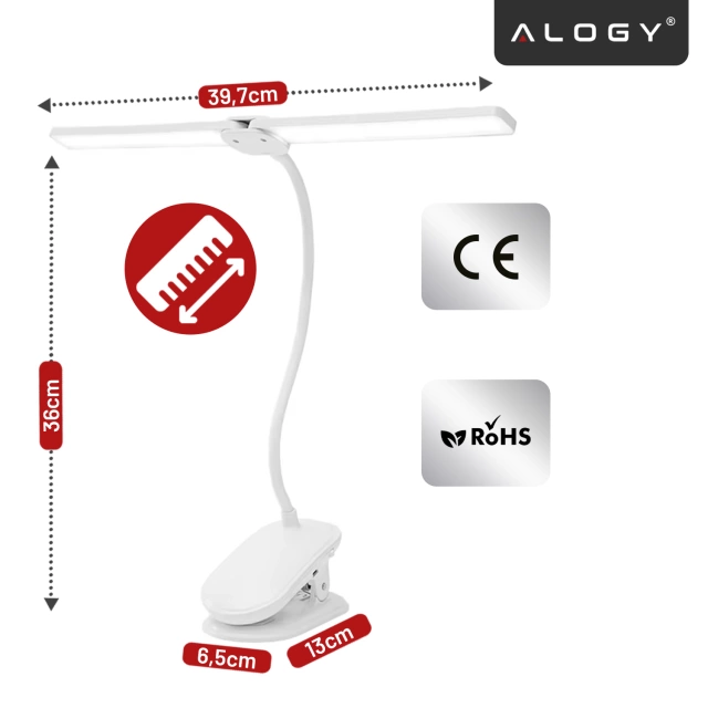 Lampka biurkowa nocna LED – akumulator 4000 mAh, podwójne oświetlenie, elastyczne ramię, klips z regulacją, idealna do biurka i łóżka – Alogy SmartClip™ Light Biała