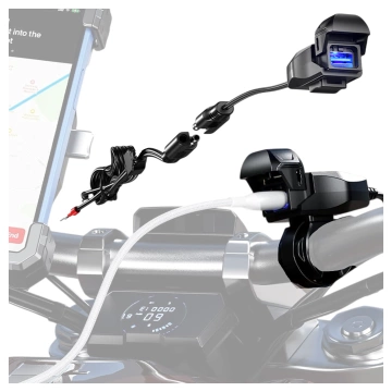 Kewig USB-A Motorradladegerät 18W, QC-Schnellladung, wasserdicht (IP65) mit Ein-/Ausschalter und LED-Hintergrundbeleuchtung, Lenkerhalterung, für Handy, Kamera und Gegensprechanlage – Schwarz