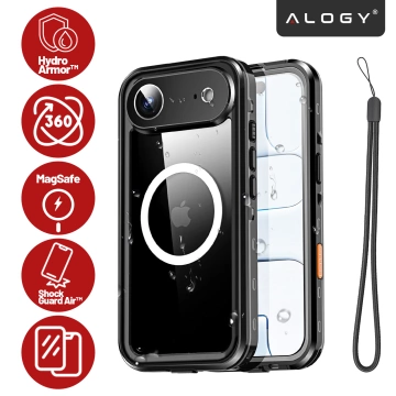 Etui Wodoodporne do Apple iPhone 17 Air 6,6", Pancerna Obudowa 360° z Przezroczystym Tyłem, Kompatybilna z MagSafe, Alogy HydroArmor™ IP68 Case – Czarne
