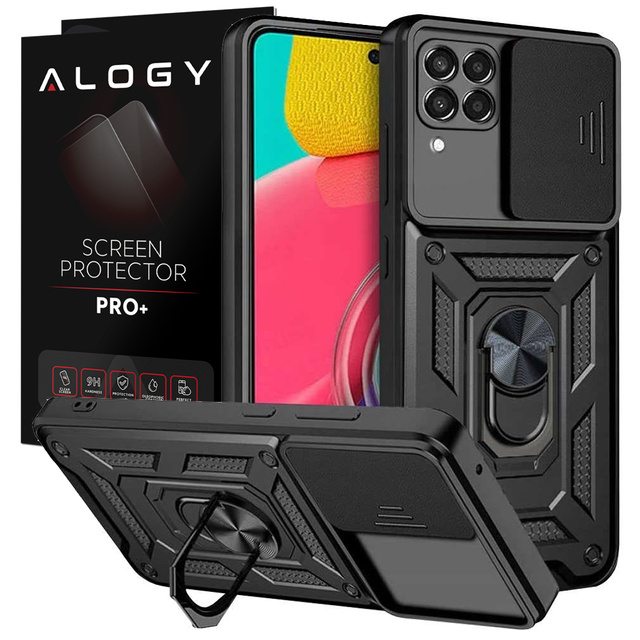 Pancerne etui z osłoną aparatu Alogy Camshield Stand Ring do Samsung Galaxy M53 5G czarne + Szkło