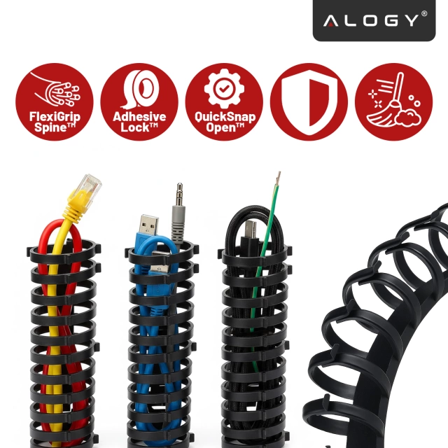 Sprężynowy organizer na kable pod biurko – elastyczna maskownica 50×4 cm, samoprzylepna, do porządkowania przewodów – Alogy CableStrip™ Czarny