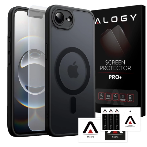 Etui do Apple iPhone 16e obudowa ochronna na telefon Alogy Matte HybridMag™️ Case do MagSafe Matowe Antypoślizgowe Wzmocnione Narożniki Czarne + Szkło Hartowane