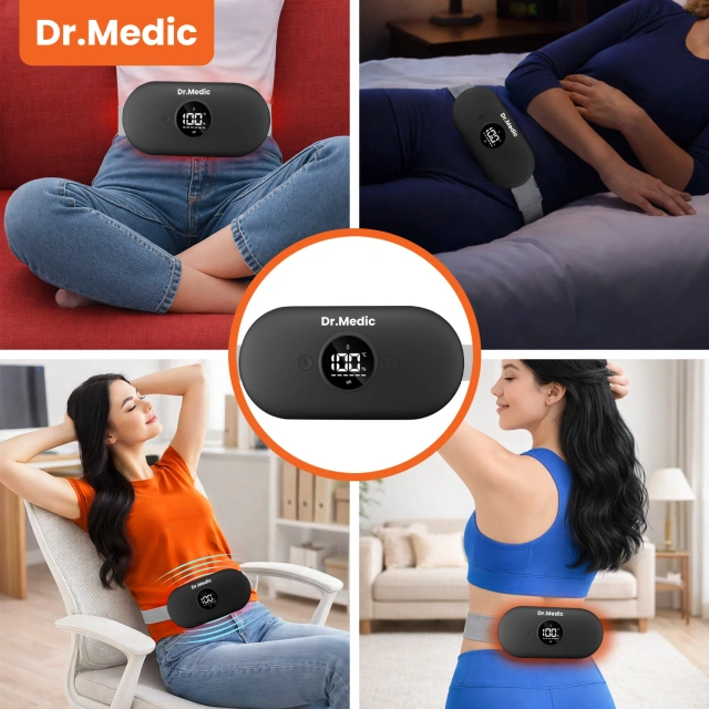 Pas Grzejący z Masażerem na okres i plecy - przeciwbólowy, ciepło + wibracje, 6 poziomów intensywności, akumulator 1800 mAh - Dr.Medic ThermoPulse™ Czarny