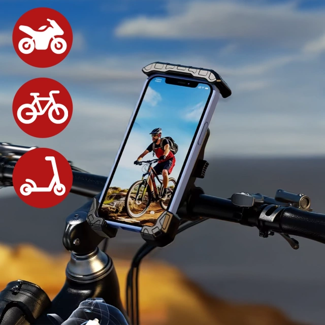 Uchwyt Motocyklowy na Telefon Kewig do Kierownicy i Lusterka, Antywstrząsowy z Systemem Antywibracyjnym, Rotacja 360°, Kompatybilny z Telefonami 5.4–7" – Czarny