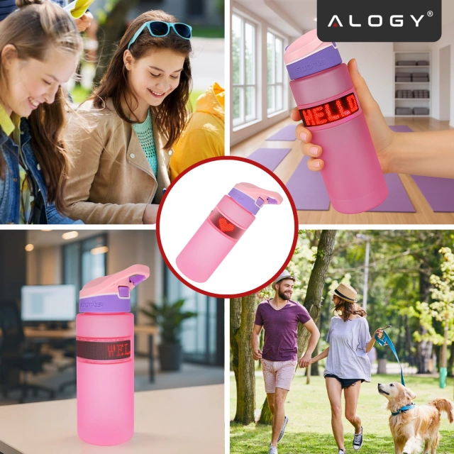 Butelka Bidon na Napoje LED, Inteligentna z Wyświetlaczem i Łącznością Bluetooth, Słomka, Motywacyjna, Wielokrotnego Użytku, Alogy FitBottle™ 800ml - Różowa