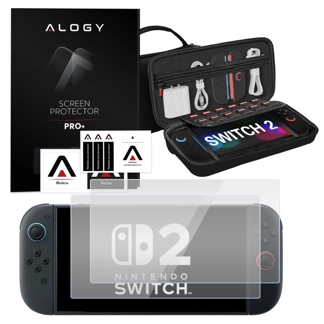 Pokrowiec Etui do Nintendo Switch 2 2025 Torba Ochronna Twarda EVA, Wodoodporna, Lekka, z Uchwytami i przegrodami akcesoria Alogy HardFoamBag™ – Czarna + 2X SZKŁO HARTOWANE