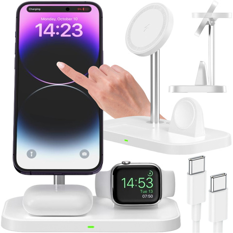 Ładowarka indukcyjna Qi Mag Safe 15W do iPhone Apple Watch AirPods 3w1 bezprzewodowa stojak podstawka biała
