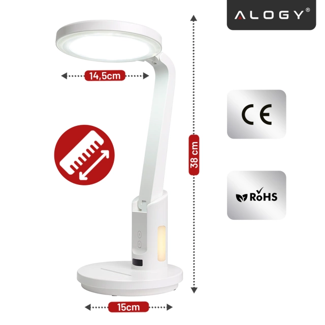 Lampka biurkowa nocna LED – akumulator 6000 mAh, regulacja światła i trybów, miejsce na telefon, stabilna, idealna do nauki i pracy – Alogy MultiStand™ Biała