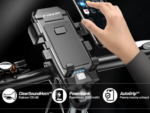 Uchwyt rowerowy na telefon 4w1 lampka LED T6 przednia dzwonek klakson na rower Powerbank 3000mAh czarny