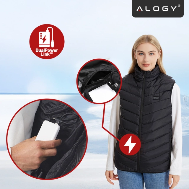 Kamizelka grzewcza z 28 strefami – 4-stopniowa regulacja temperatury, zasilanie USB, idealna na zimę i aktywności outdoor – Alogy ThermoVest™ Czarna (L)