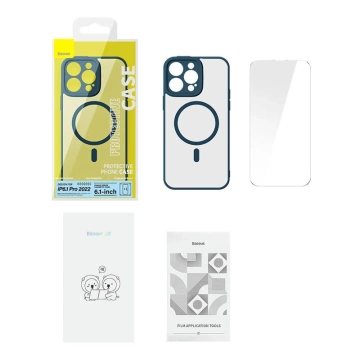 Baseus Frame Protection Set Transparente Magnethülle und gehärtetes Glas für iPhone 14 Pro (Blau)