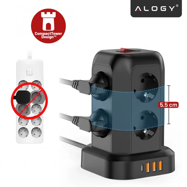 Przedłużacz 12w1 Rozdzielacz wieża ładująca Alogy ChargeTower Pro 2500W 8x gniazdo ładujące 3x USB.A 1x USB.C kabel 1.8m Czarny