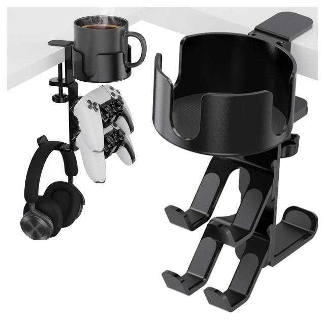 Uchwyt do biurka wielofunkcyjny – na kubek, pady i słuchawki, mocowanie do blatu, antypoślizgowy i stabilny – Alogy DeskClamp™ Czarny