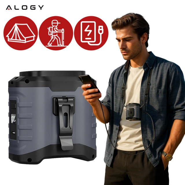 Wentylator z klipsem do paska, akumulator 4000 mAh, 5 poziomów prędkości, czas pracy 8–40 godzin, ładowanie przez USB, do stosowania na placach budowy, na zewnątrz, na wędrówki, do pracy latem, powerbankiem