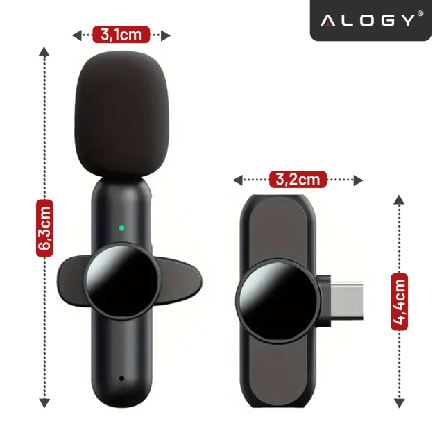 Mikrofon Bezprzewodowy 2x Zestaw - USB-C, redukcja szumu, lekka konstrukcja, zasięg do 20 metrów - 2x Mikrofon Krawatowy z Futerkową Osłoną, Odbiornik do telefonu - Alogy DualVoice™ Czarny