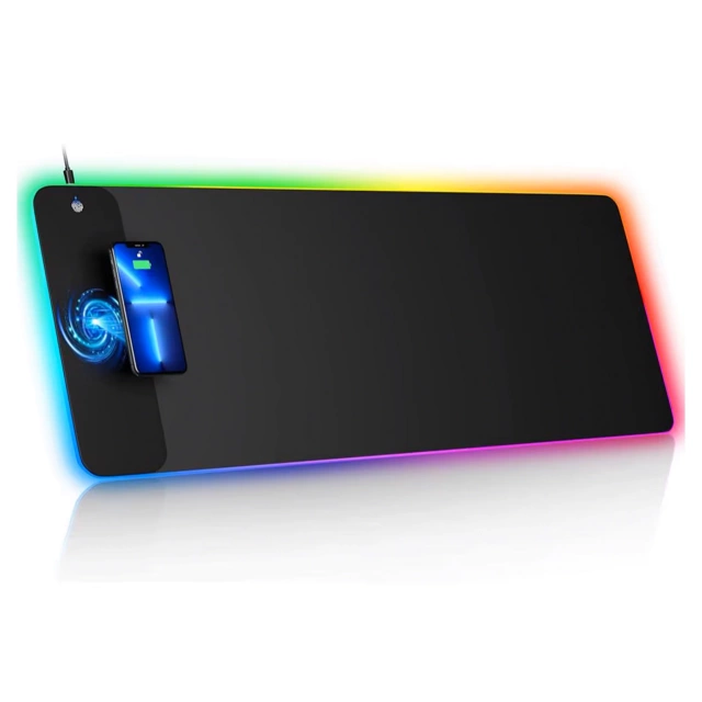 Podkładka na biurko z oświetleniem LED RGB pod myszkę mysz klawiaturę z ładowarką Qi do telefonu Alogy QiGlow Pro Mata ochronna antypoślizgowa gamingowa XL 80x30 cm Czarna
