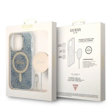 Zestaw Guess GUBPP14LH4EACSB Case Charger iPhone 14 Pro 6,1" niebieski/blue Hartschalenetui 4G Print MagSafe