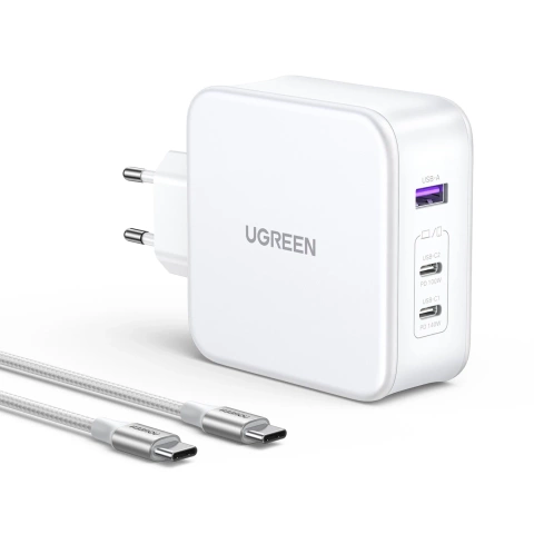 Ugreen Nexode GaN-Netzwerkladegerät USB-A/2xUSB-C 140 W USB-C-Kabel 1,5 m – Weiß