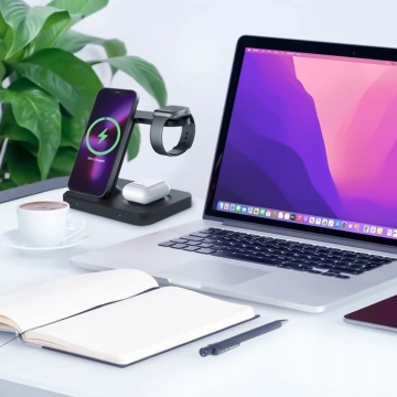 Qi 15W induktives Ladegerät für iPhone Apple Watch AirPods kabellose 3in1 Dockingstation Schwarz