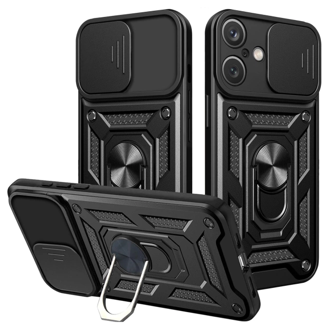 Etui do Apple iPhone 16 pancerne Slide Case Ring obudowa ochrona aparatu Camshield Alogy czarne + Szkło