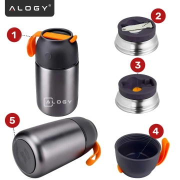 Abendessen-Thermoskanne für Kinder-Suppe, Essen, 700 ml, Alogy Edelstahl-Klapplöffel, Thermograu