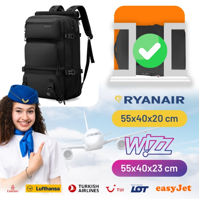 Plecak Antykradzieżowy wodoodporny Bange 30L miejski podróżny 51x32x20 cm do pracy samolotu męski damski z zamkiem szyfrowym i odpinaną saszetką Czarny