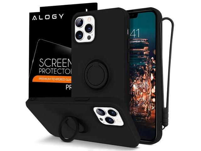 Etui silikonowe Ring Ultra Slim Alogy do iPhone 12/ 12 Pro 6.1 Czarne + Szkło