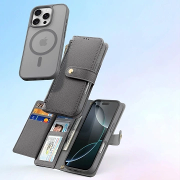 iPhone 16 Pro Max Dux Ducis Lawa Lederhülle mit MagSafe Wallet Grau