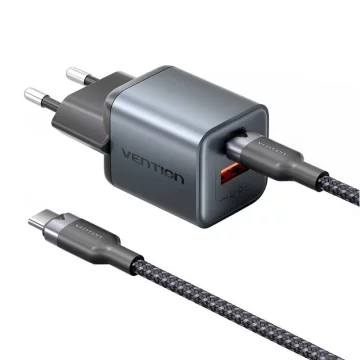 Ładowarka GaN Vention USB-C+A 30W + Kabel USB-C do USB-C 1m (Szara)