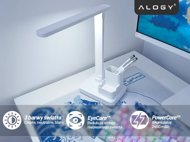 Lampka biurkowa nocna LED – akumulator 2400 mAh, organizer na długopisy i telefon, regulowane światło, idealna na biurko i do nauki – Alogy Light&Organize™ Biała