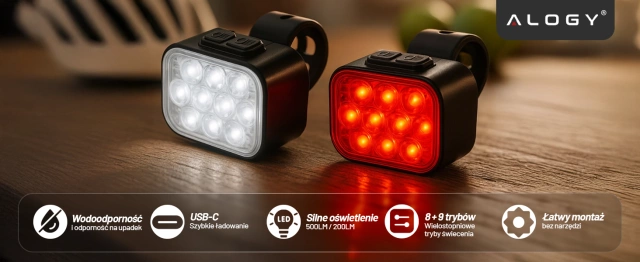 Lampka rowerowa LED 500 LM 200 LM Alogy DuoRide™ Lights 20 LED Latarka na rower wodoodporne światło światełko na przód i tył przednia tylna 2 zestaw