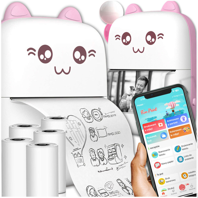 Drukarka termiczna Drukuś z 6 szt. rolkami papieru termicznego dla dzieci Różowy