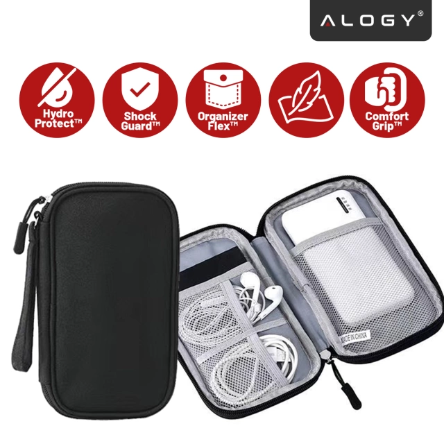 Etui Podróżne na Akcesoria, Organizer na Kable, Ładowarki, Telefon i Powerbank, Wielofunkcyjne i Kompaktowe 21 x 12,5 x 5 cm, Alogy TravelPack™ – Czarne