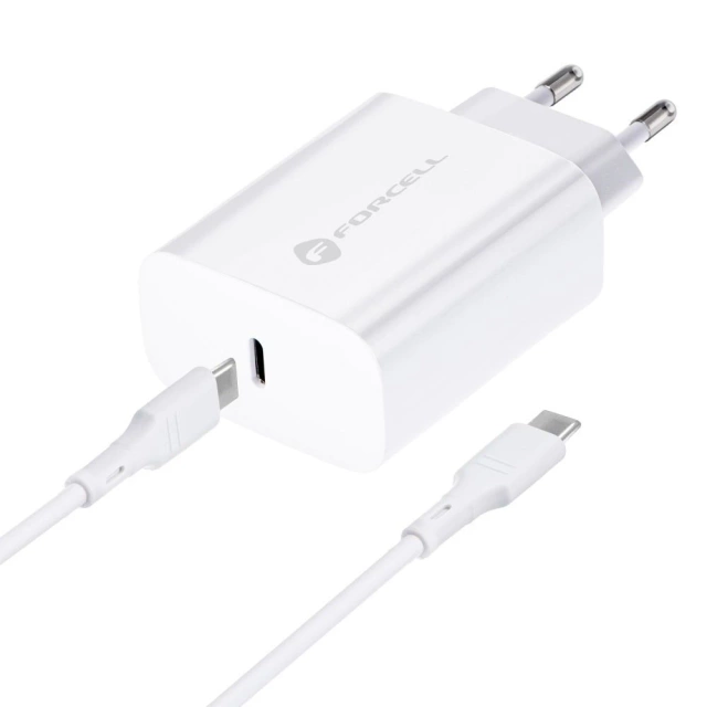 Szybka Ładowarka Forcell 25W PD QC 4.0 USB-C + kabel USB C do USB C biała