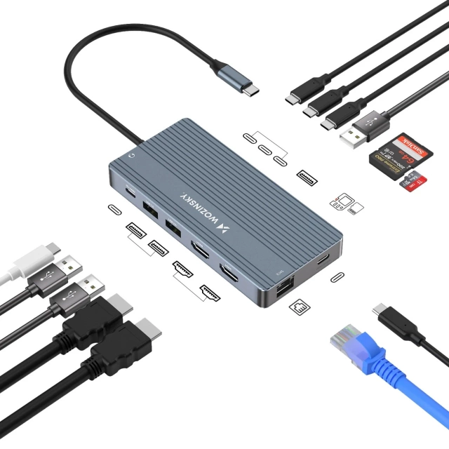 Hub USB-C 14w1 Wozinsky WDS03Y5S 3x 4K HDMI/DP 100W PD Szary