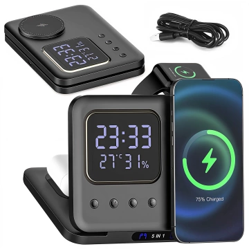 Kabellose Schnellladestation 5-in-1 mit LED-Uhr, 15 W, USB-C auf MagSafe für Apple iPhone, Watch und AirPods, inklusive Uhr und Hygrometer, Schwarz