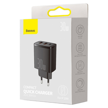 Baseus Kompaktes Schnellladegerät 2xUSB USB-C PD QC 3.0 3A 30W Schwarz