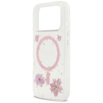 Etui Guess MagSafe do iPhone 17 Pro Resin Flowers Glitter Pink