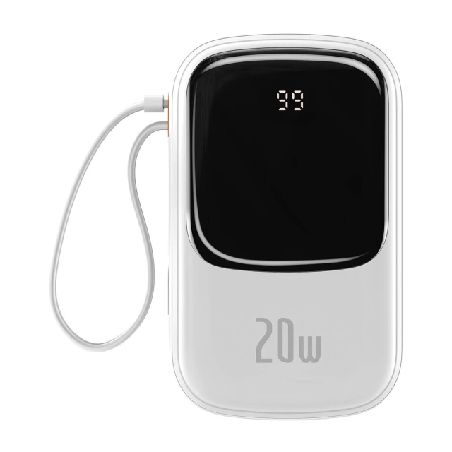 Powerbank z szybkim ładowaniem Baseus Qpow Digital Display 20000mAh 20W QC/PD/SCP/FCP z wbudowanym kablem Lightning biały