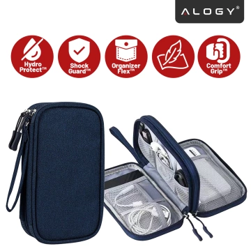 Etui Podróżne na Akcesoria, Organizer na Kable, Ładowarki, Telefon i Powerbank, Wielofunkcyjne i Kompaktowe 21 x 12,5 x 5 cm, Alogy TravelPack™ – Granatowe