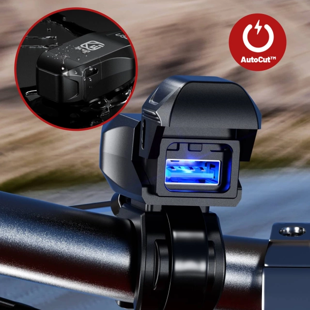 Ładowarka Motocyklowa Kewig USB-A 18W, Szybkie Ładowanie QC, Wodoodporna IP65 z Wyłącznikiem i Podświetleniem LED, Montaż na Kierownicy, do Telefonu, Kamerki, Interkomu – Czarna