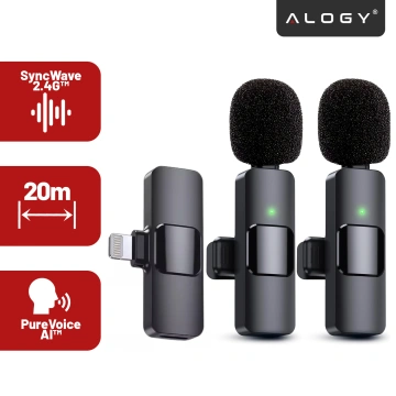 2x Alogy Lightning Wireless Lavalier-Mikrofon für Apple iPhone iPad Kleine Mikrofone Set bestehend aus zwei Mikrofonen